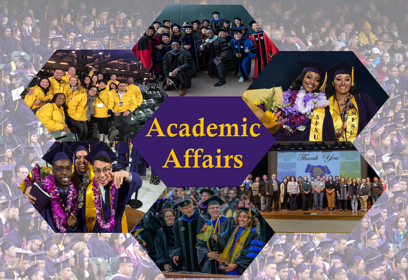 six hexagonal images of students and staff at commencement